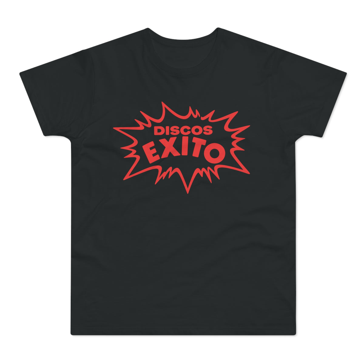 Black t-shirt with red "Discos Exito" text in a starburst graphic.