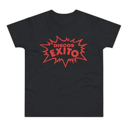 Black t-shirt with red "Discos Exito" text in a starburst graphic.