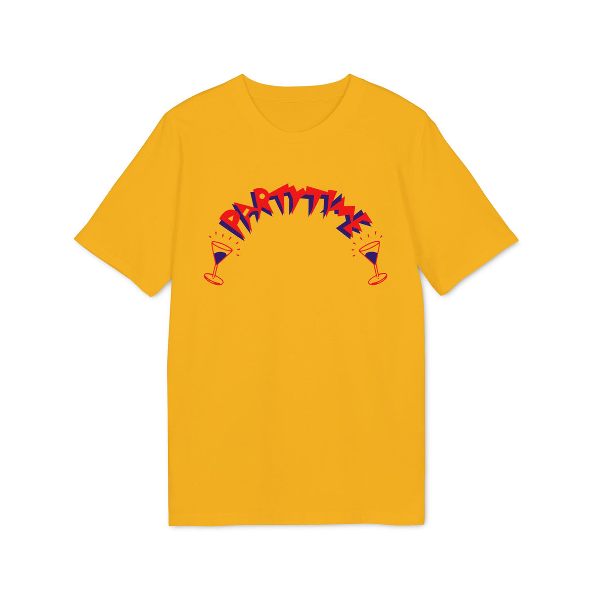 Yellow t-shirt with red and blue "PARTY TIME" text and cocktail glasses.