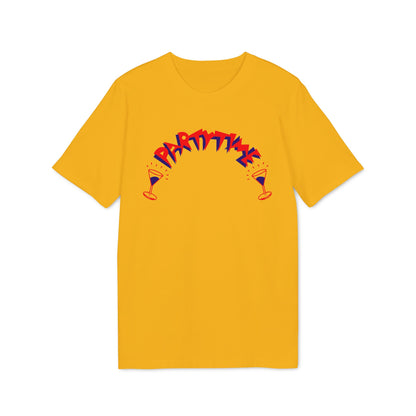 Yellow t-shirt with red and blue "PARTY TIME" text and cocktail glasses.