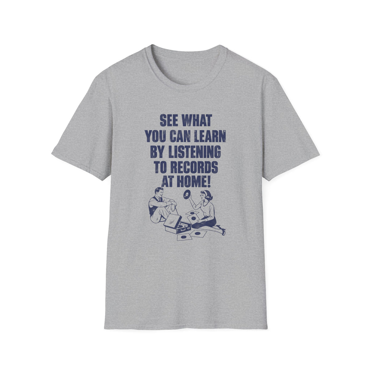 Grey t-shirt with blue text and graphic of couple with record player and vinyl.