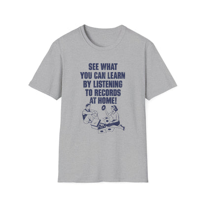 Grey t-shirt with blue text and graphic of couple with record player and vinyl.