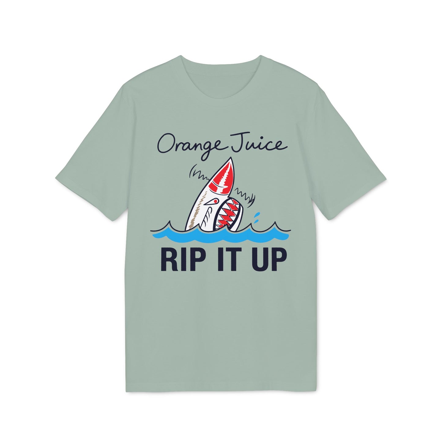 Light green t-shirt with cartoon shark graphic and text "Orange Juice RIP IT UP".