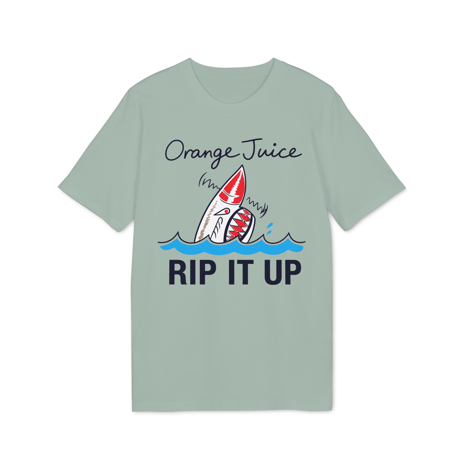 Light green t-shirt with cartoon shark graphic and text "Orange Juice RIP IT UP".
