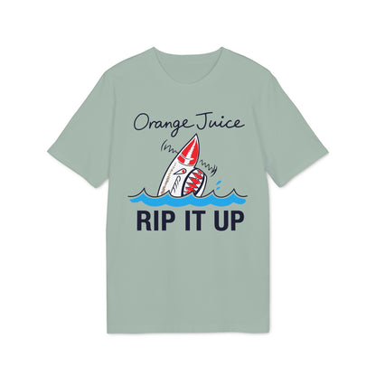 Light green t-shirt with cartoon shark graphic and text "Orange Juice RIP IT UP".