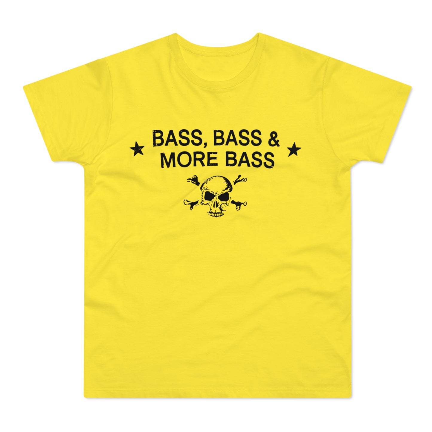 Yellow t-shirt with black text "BASS, BASS & MORE BASS" and skull and crossbones graphic.
