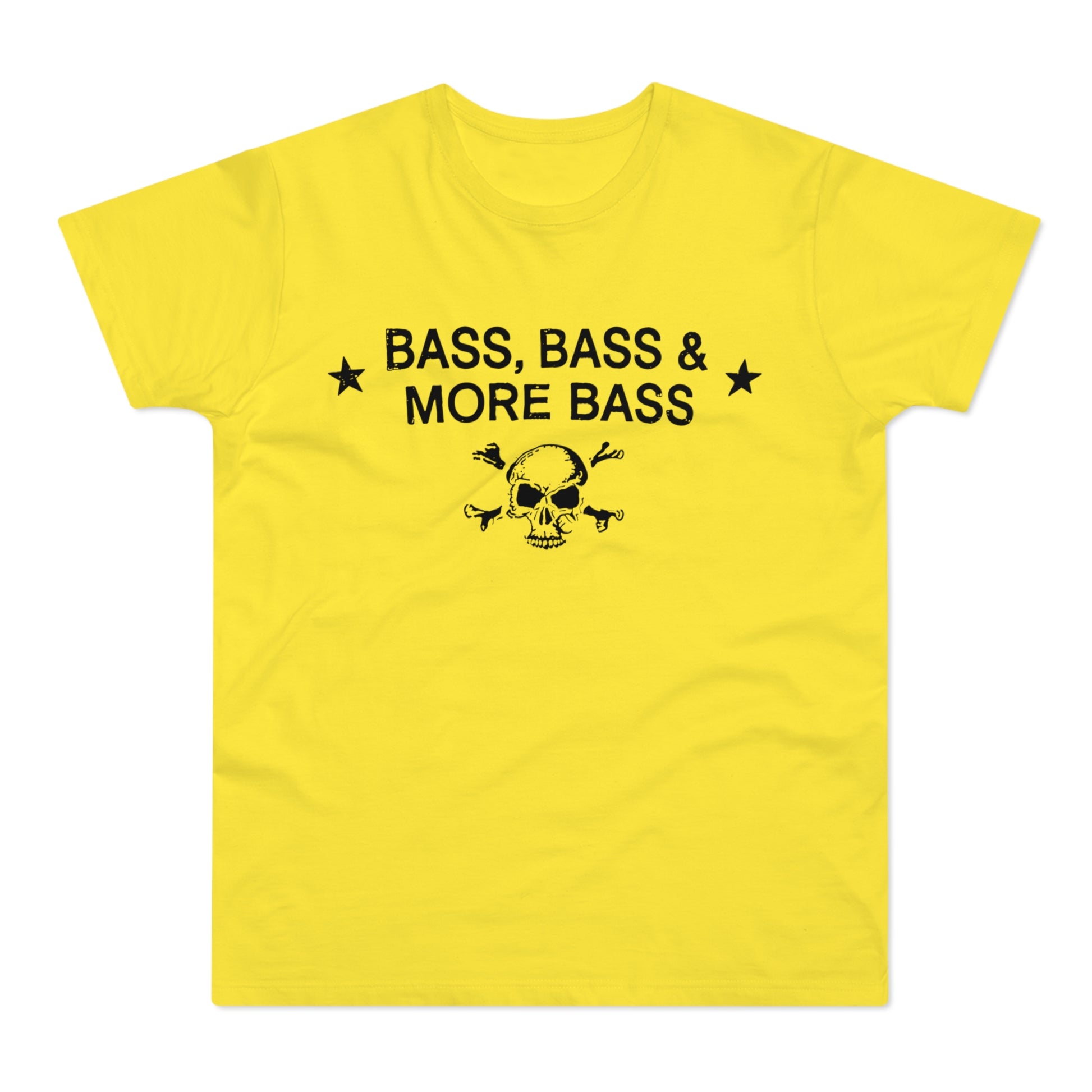 Yellow t-shirt with black text "BASS, BASS & MORE BASS" and skull and crossbones graphic.
