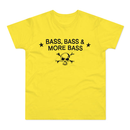 Yellow t-shirt with black text "BASS, BASS & MORE BASS" and skull and crossbones graphic.