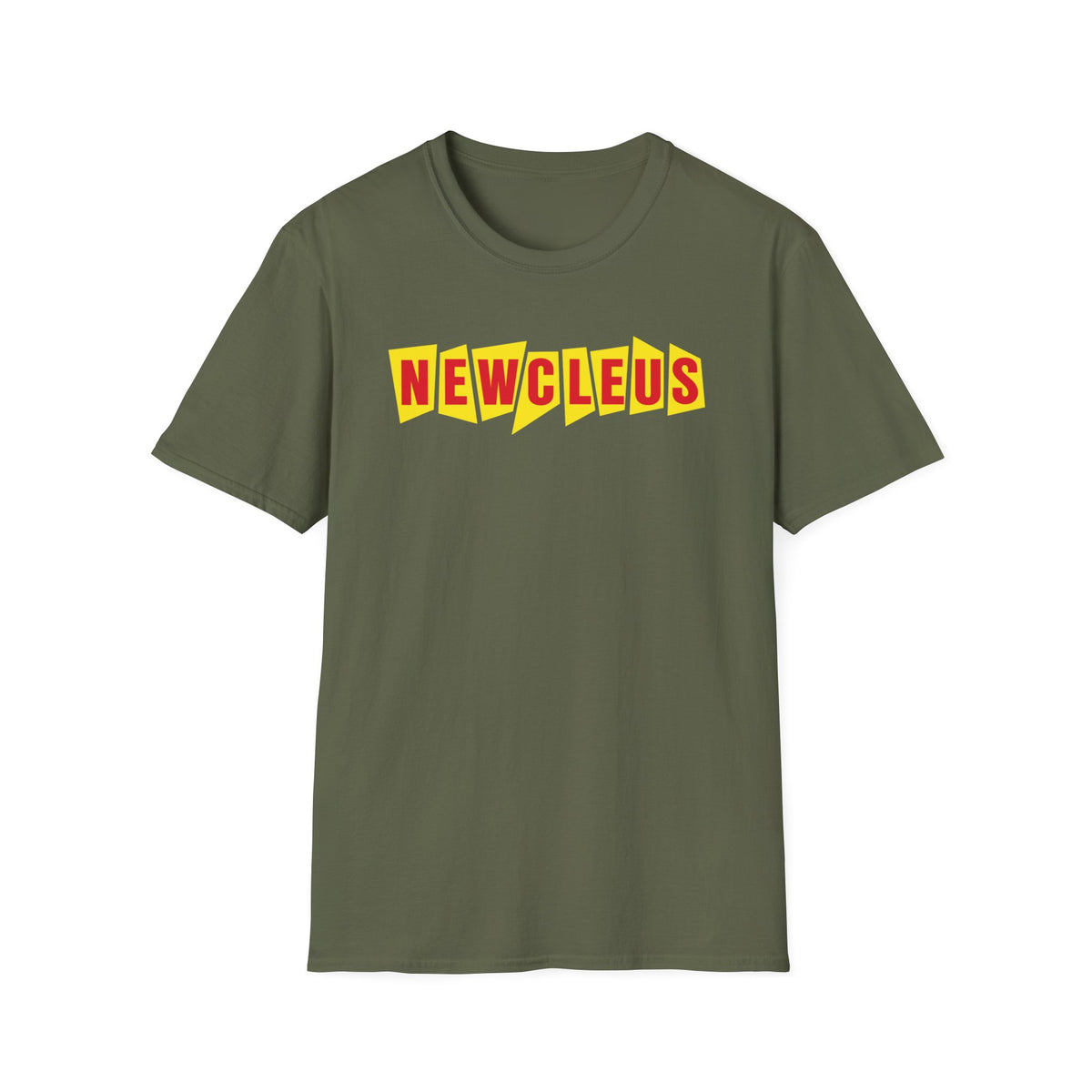 Olive green t-shirt with red and yellow "NEWCLEUS" text graphic.