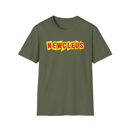 Olive green t-shirt with red and yellow "NEWCLEUS" text graphic.