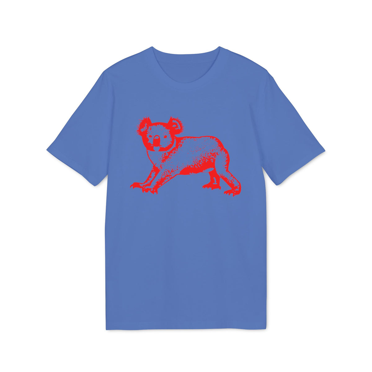 Blue t-shirt with a red distressed koala graphic.