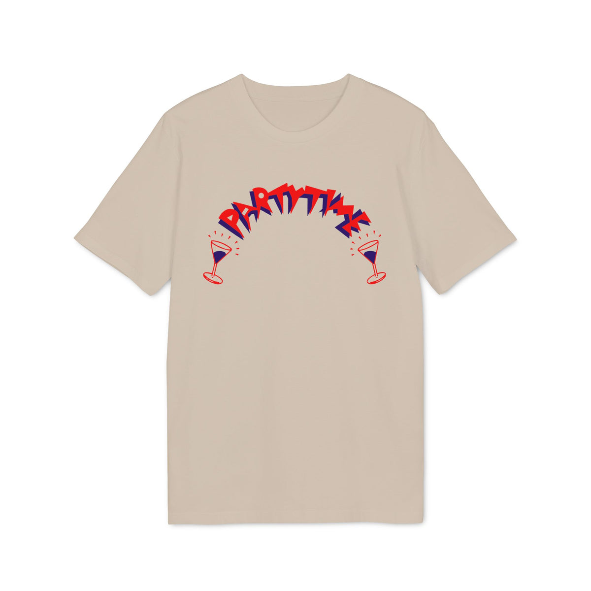 T-shirt with red and blue "PARTYTIME" text and two wine glasses.