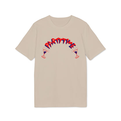 T-shirt with red and blue "PARTYTIME" text and two wine glasses.