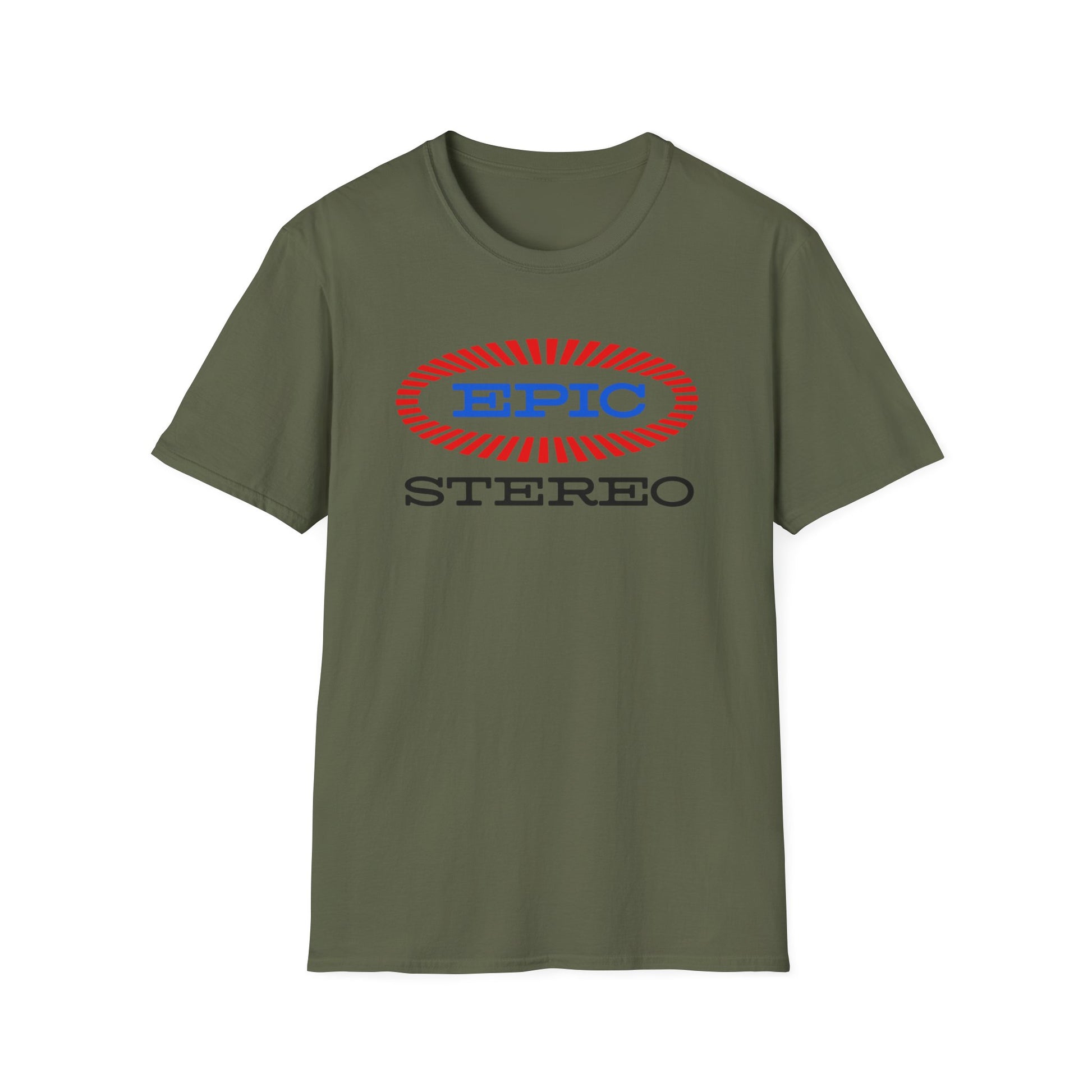 Green t-shirt with blue "EPIC" and black "STEREO" text logos.
