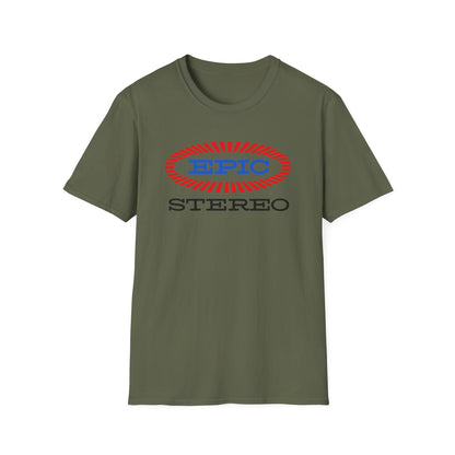 Green t-shirt with blue "EPIC" and black "STEREO" text logos.