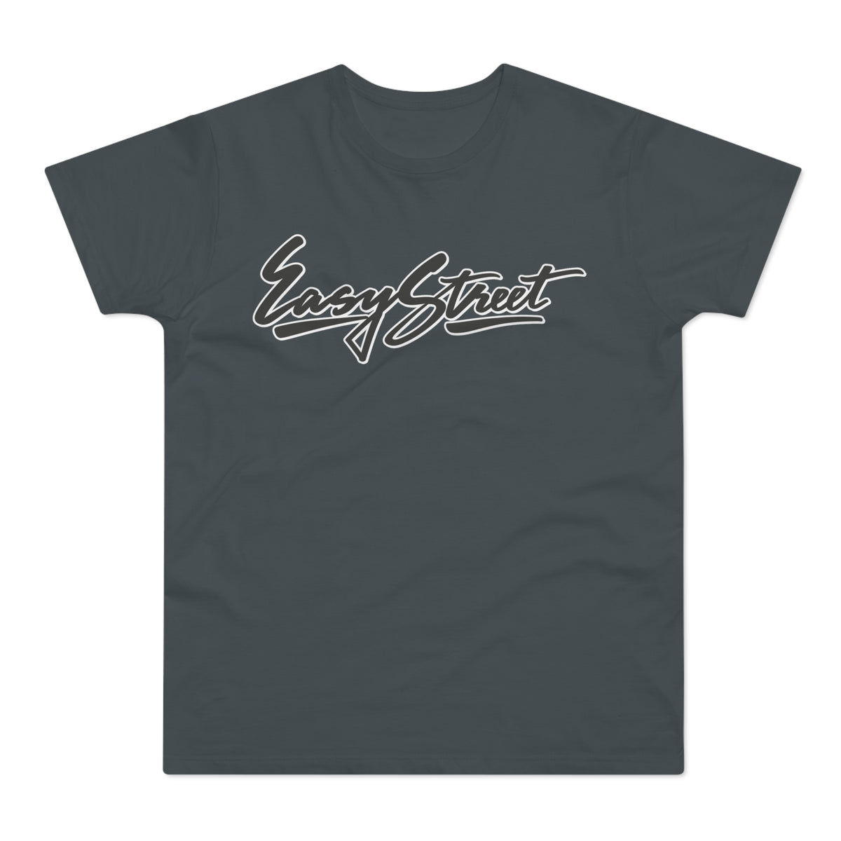 Dark grey t-shirt with white script text reading "Easy Street".