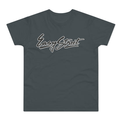 Dark grey t-shirt with white script text reading "Easy Street".