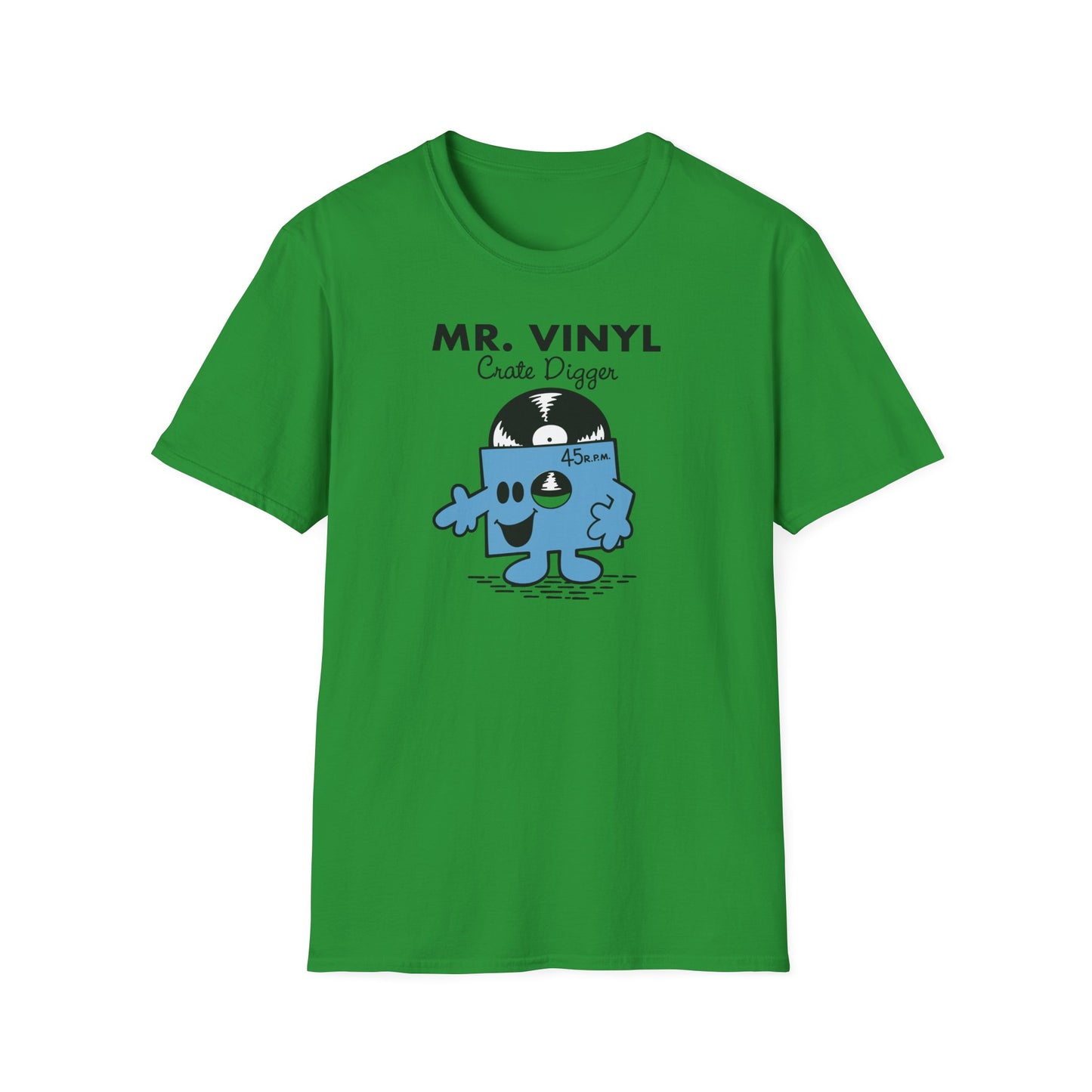 Green t-shirt with "MR. VINYL Crate Digger" and cartoon record character.