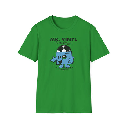 Green t-shirt with "MR. VINYL Crate Digger" and cartoon record character.