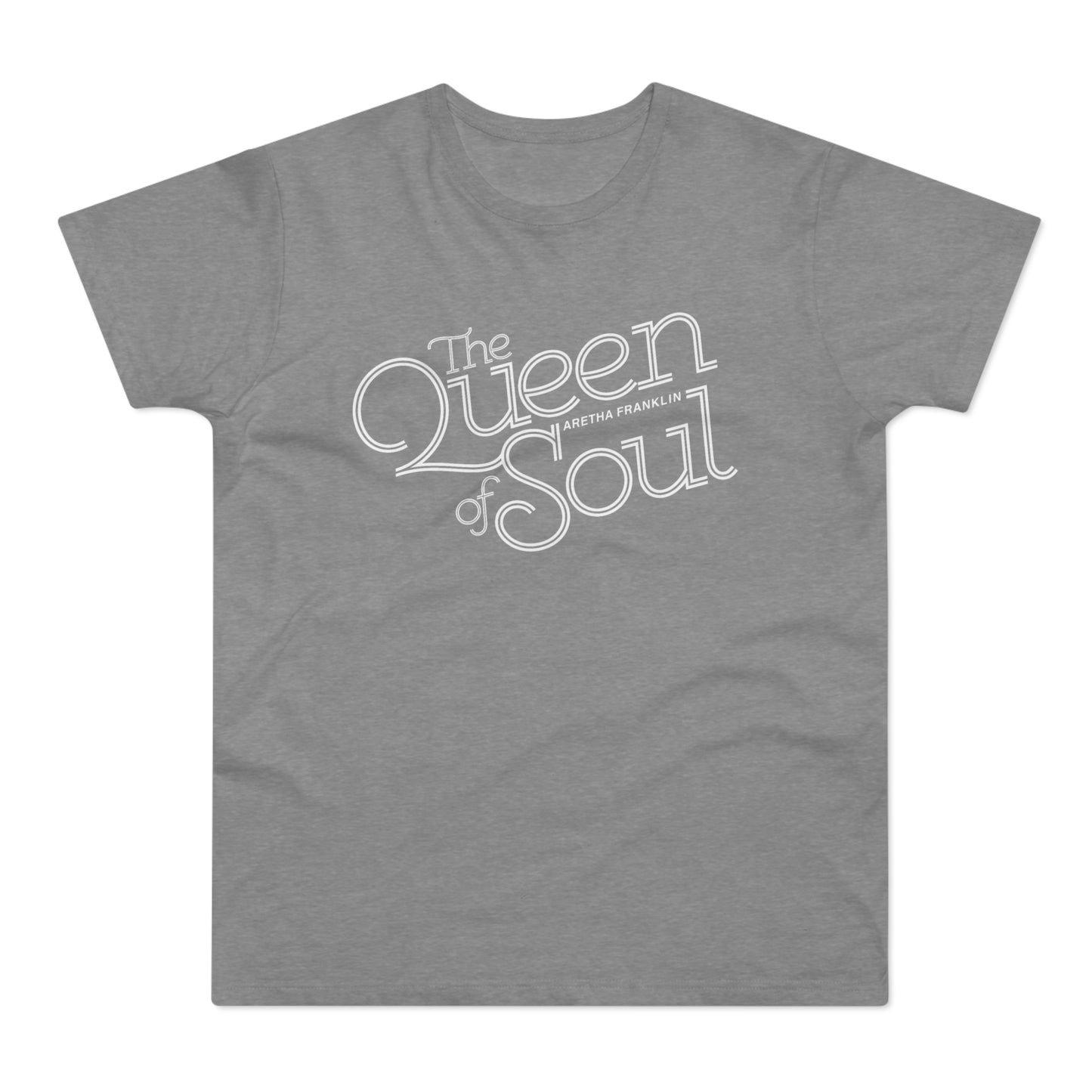 Grey t-shirt with "The Queen of Soul ARETHA FRANKLIN" graphic.