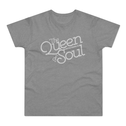 Grey t-shirt with "The Queen of Soul ARETHA FRANKLIN" graphic.