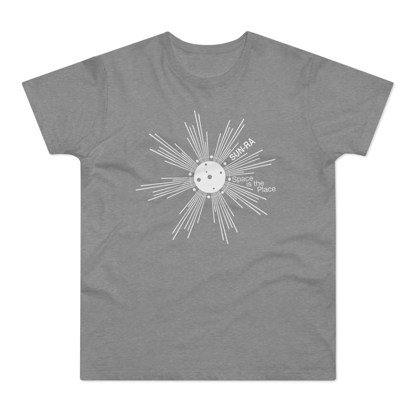Grey t-shirt with white graphic of a sunburst and "SUN-RA Space is the Place" text.