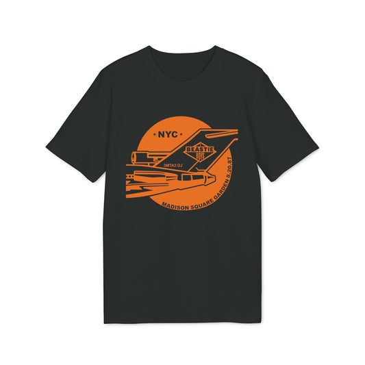 Black t-shirt with orange graphic: NYC, Beastie Boys, 3MTA3 DJ, Madison Square Garden 8.20.87.