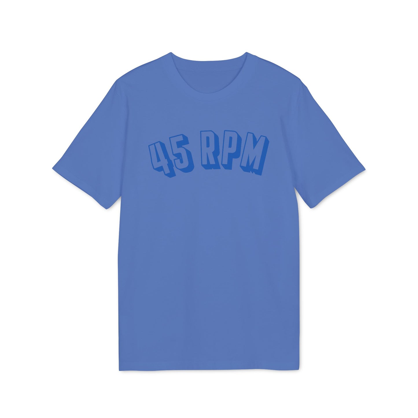 Blue t-shirt with "45 RPM" text faded blue graphic.
