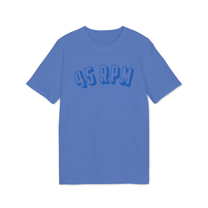 Blue t-shirt with "45 RPM" text faded blue graphic.