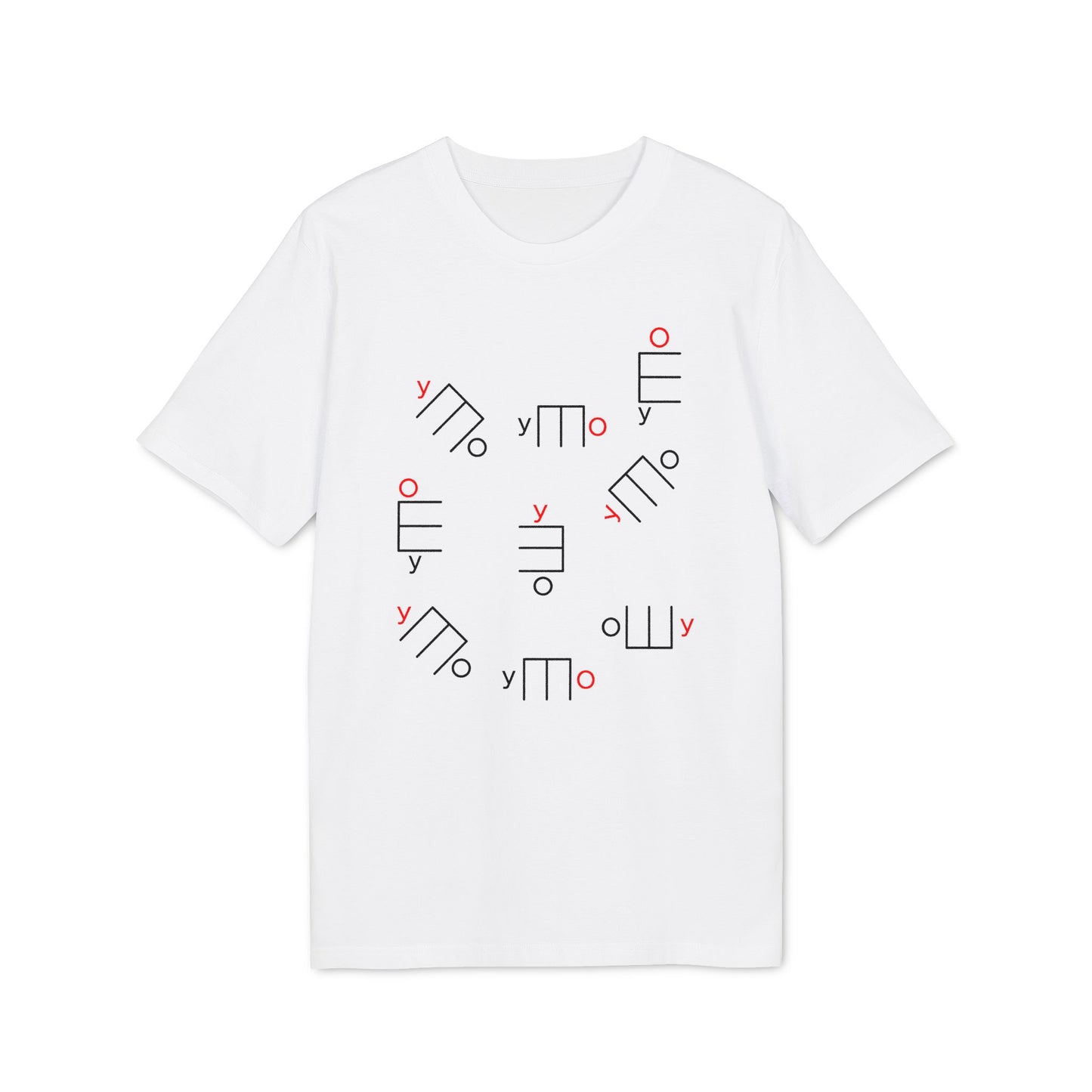 White t-shirt with scattered black and red geometric shapes and Russian letters.