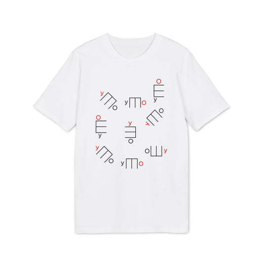 White t-shirt with scattered black and red geometric shapes and Russian letters.