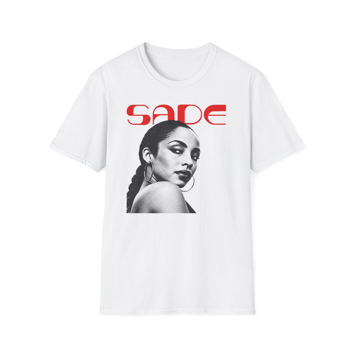 White t-shirt with red Sade logo and black and white portrait of Sade.