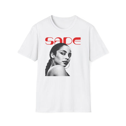 White t-shirt with red Sade logo and black and white portrait of Sade.
