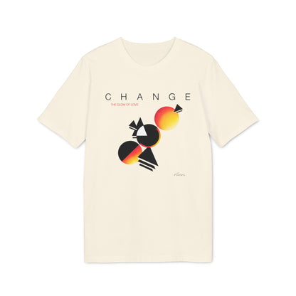 Cream t-shirt with "CHANGE THE GLOW OF LOVE" text and abstract geometric design.