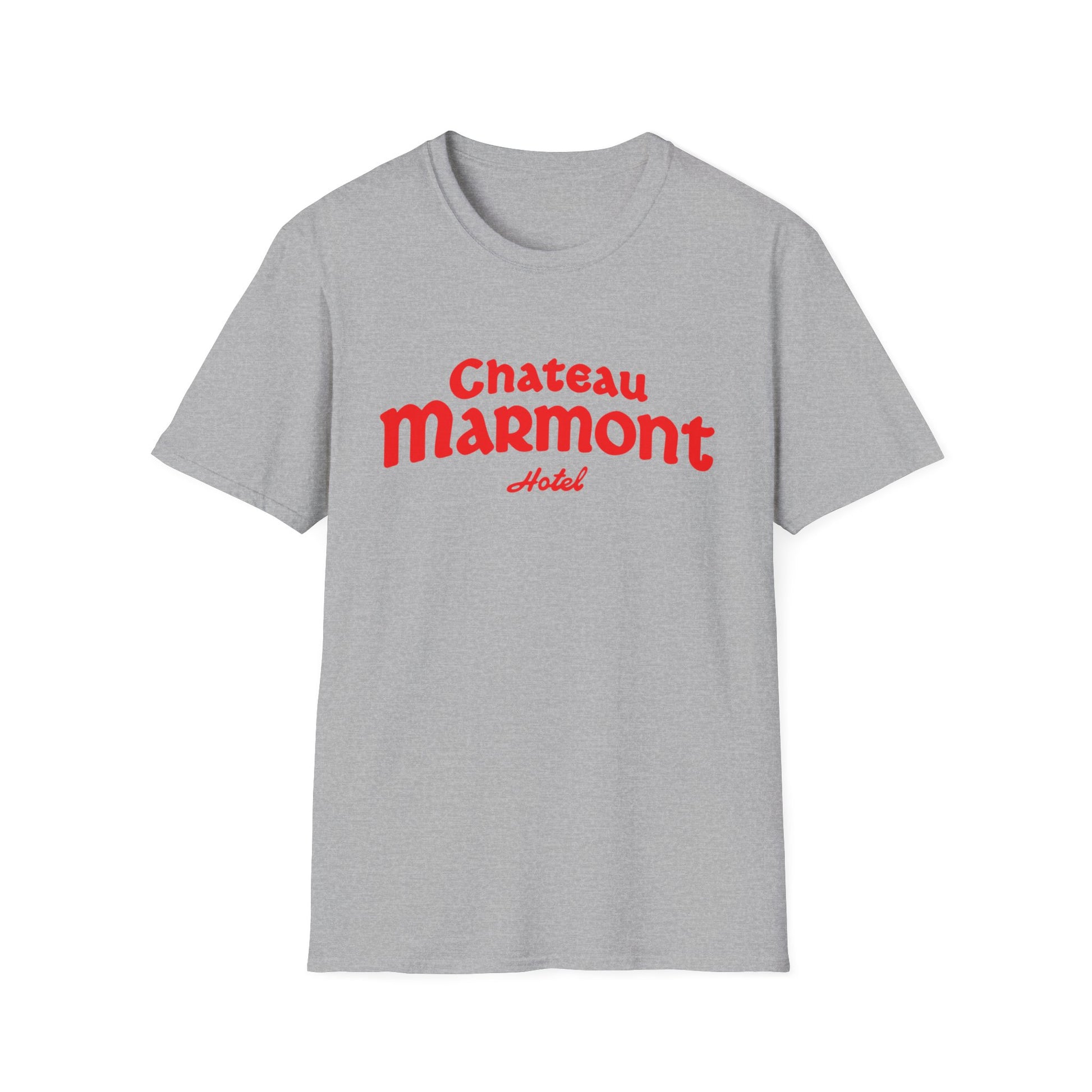 Grey t-shirt with red "Chateau Marmont Hotel" logo text.