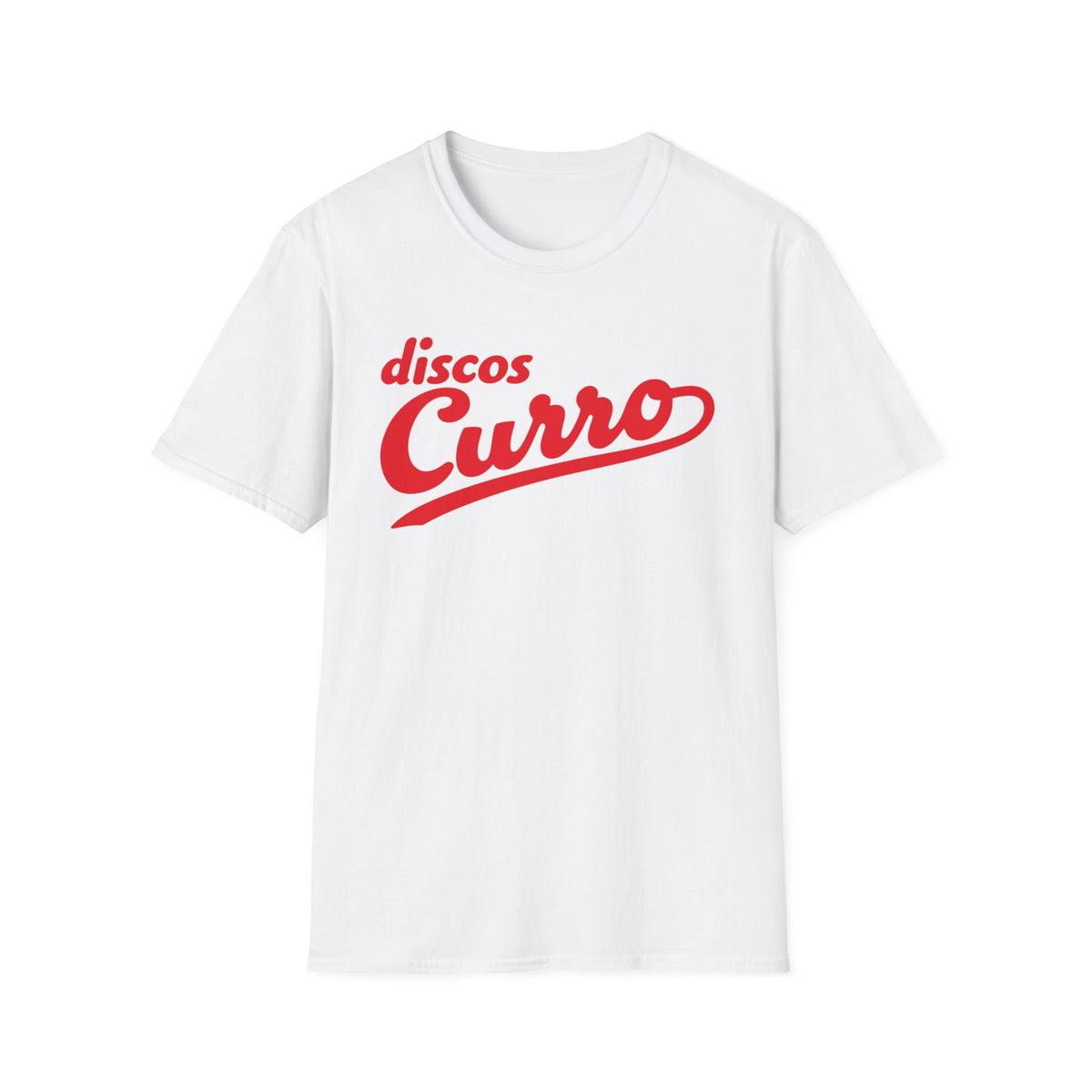 White t-shirt with red "discos Curro" script logo.