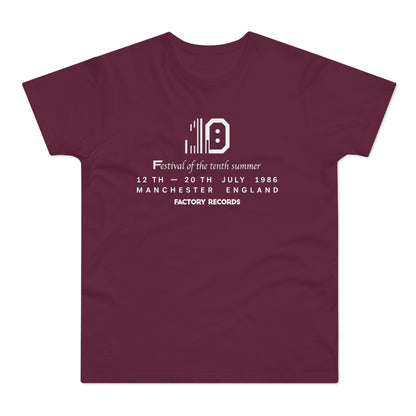 Maroon t-shirt with white text: Festival of the tenth summer, 12-20 July 1986, Manchester England, Factory Records.