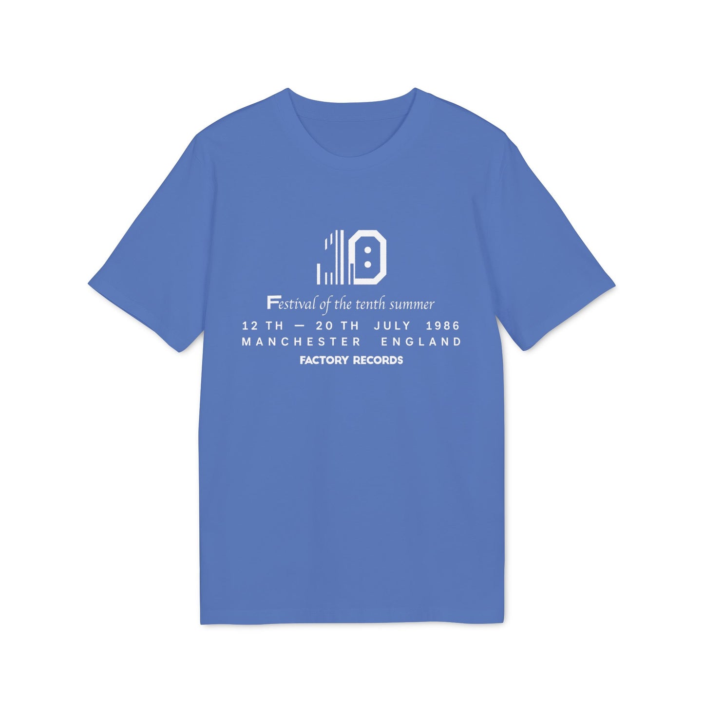 Blue t-shirt with white text: "Festival of the tenth summer" and "Factory Records".