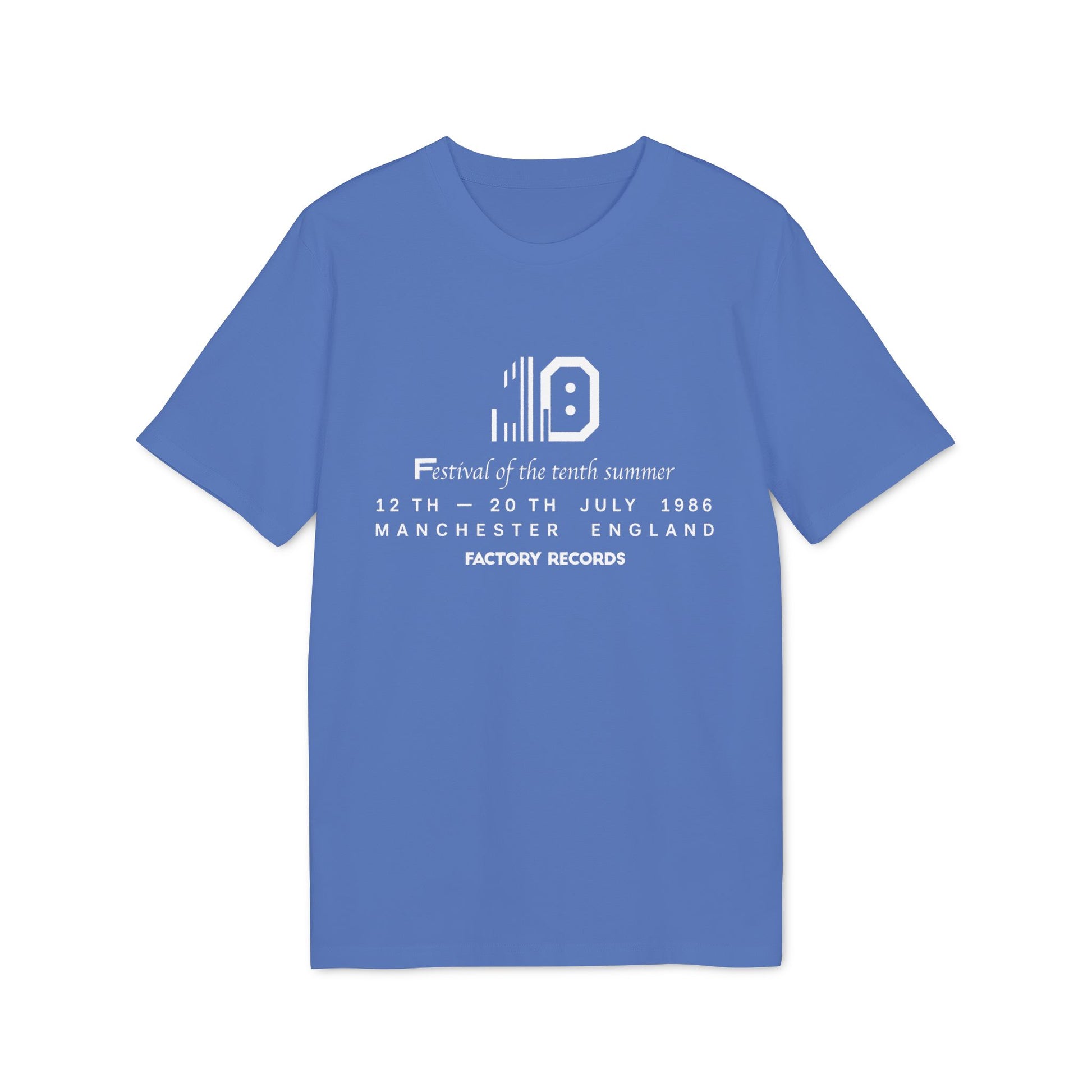 Blue t-shirt with white text: "Festival of the tenth summer" and "Factory Records".