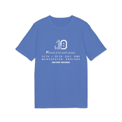 Blue t-shirt with white text: "Festival of the tenth summer" and "Factory Records".