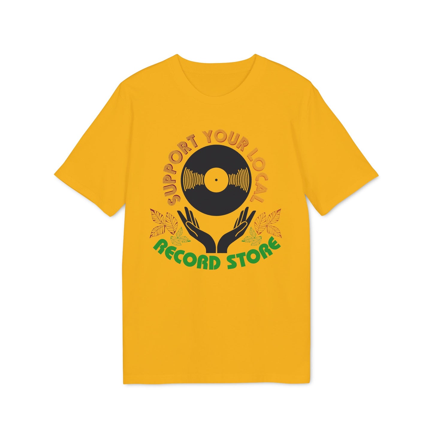 Golden yellow t-shirt with "Support Your Local Record Store" text and vinyl record graphic.
