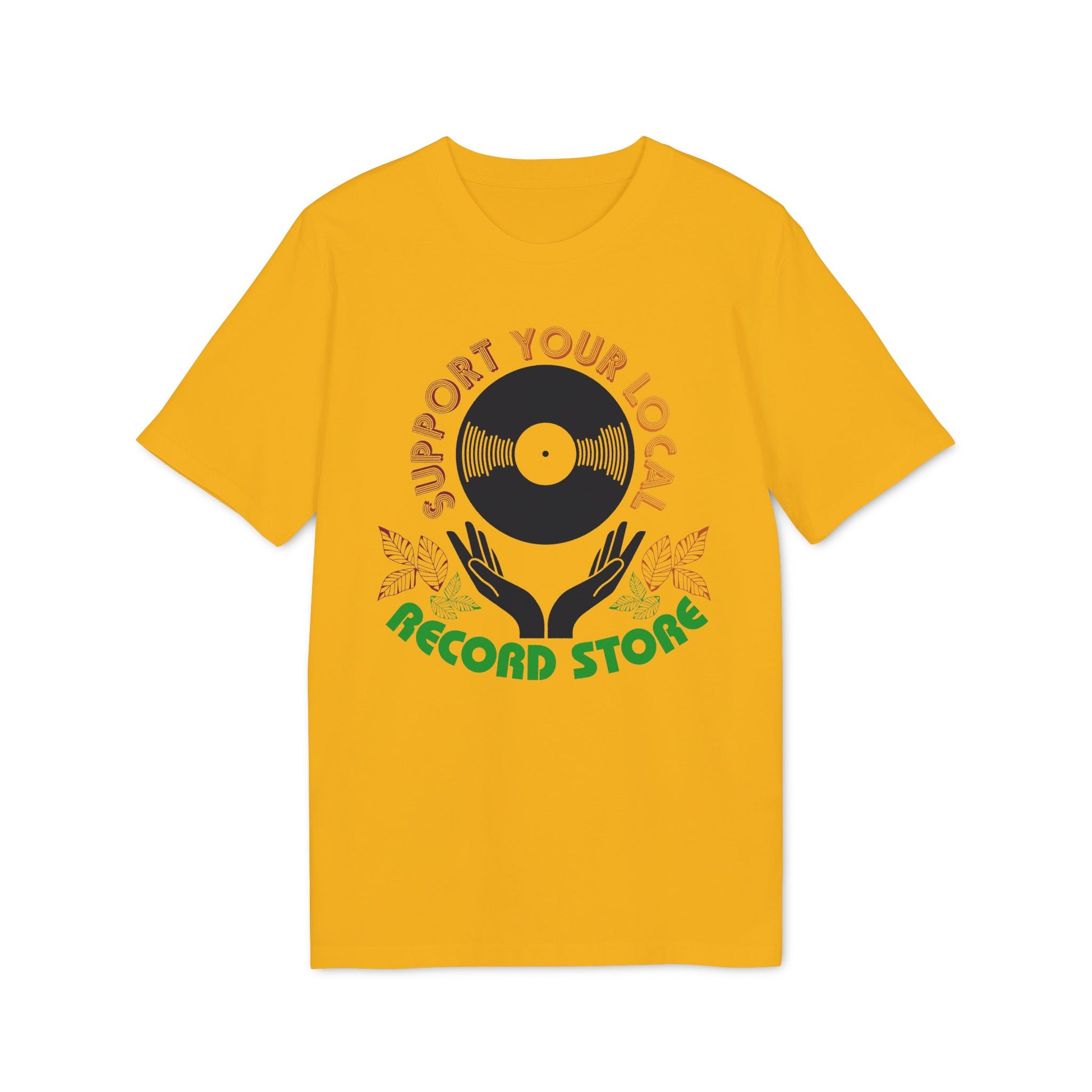 Golden yellow t-shirt with "Support Your Local Record Store" text and vinyl record graphic.