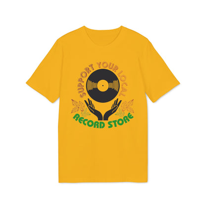 Golden yellow t-shirt with "Support Your Local Record Store" text and vinyl record graphic.