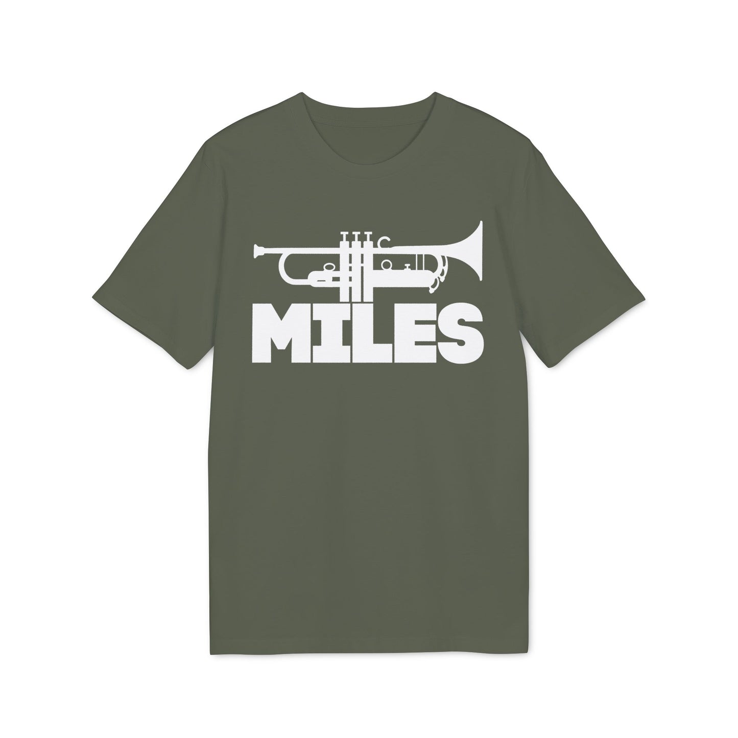 Green t-shirt with white trumpet and "MILES" text graphic.