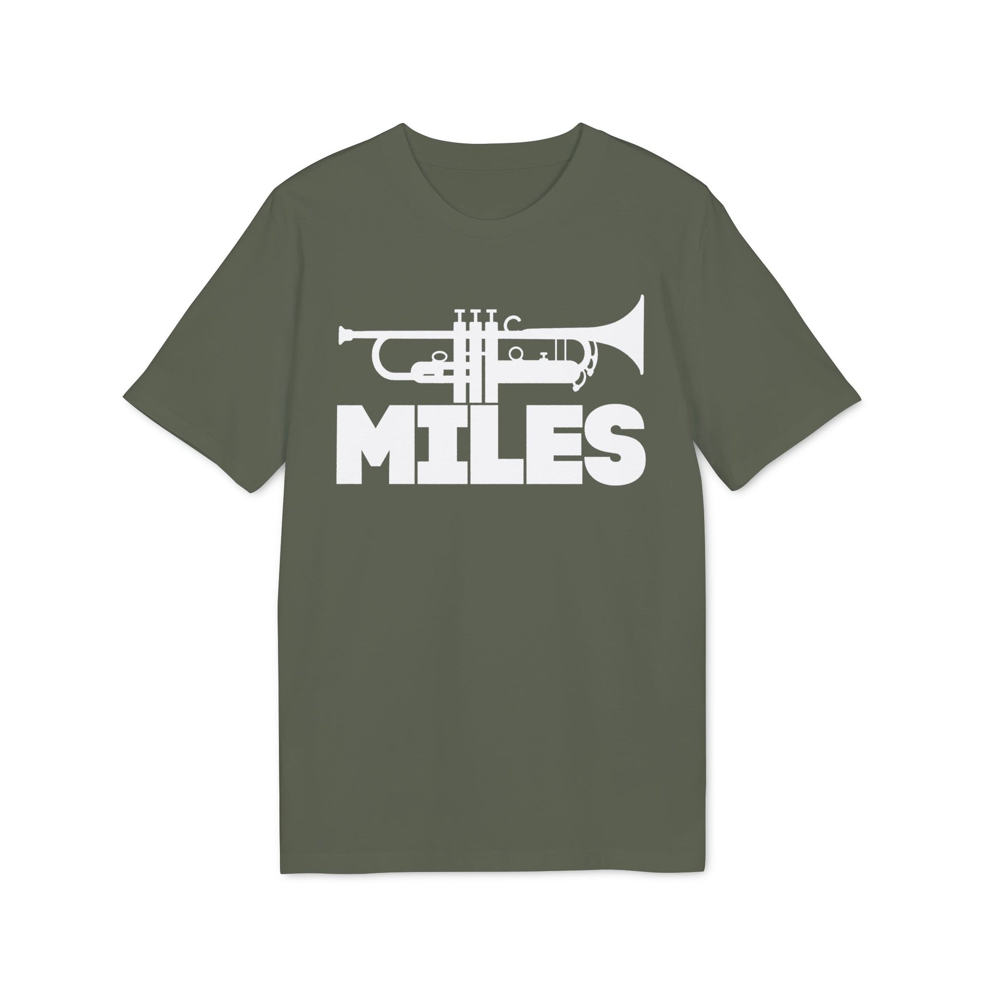 Green t-shirt with white trumpet and "MILES" text graphic.