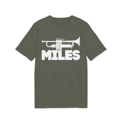 Green t-shirt with white trumpet and "MILES" text graphic.