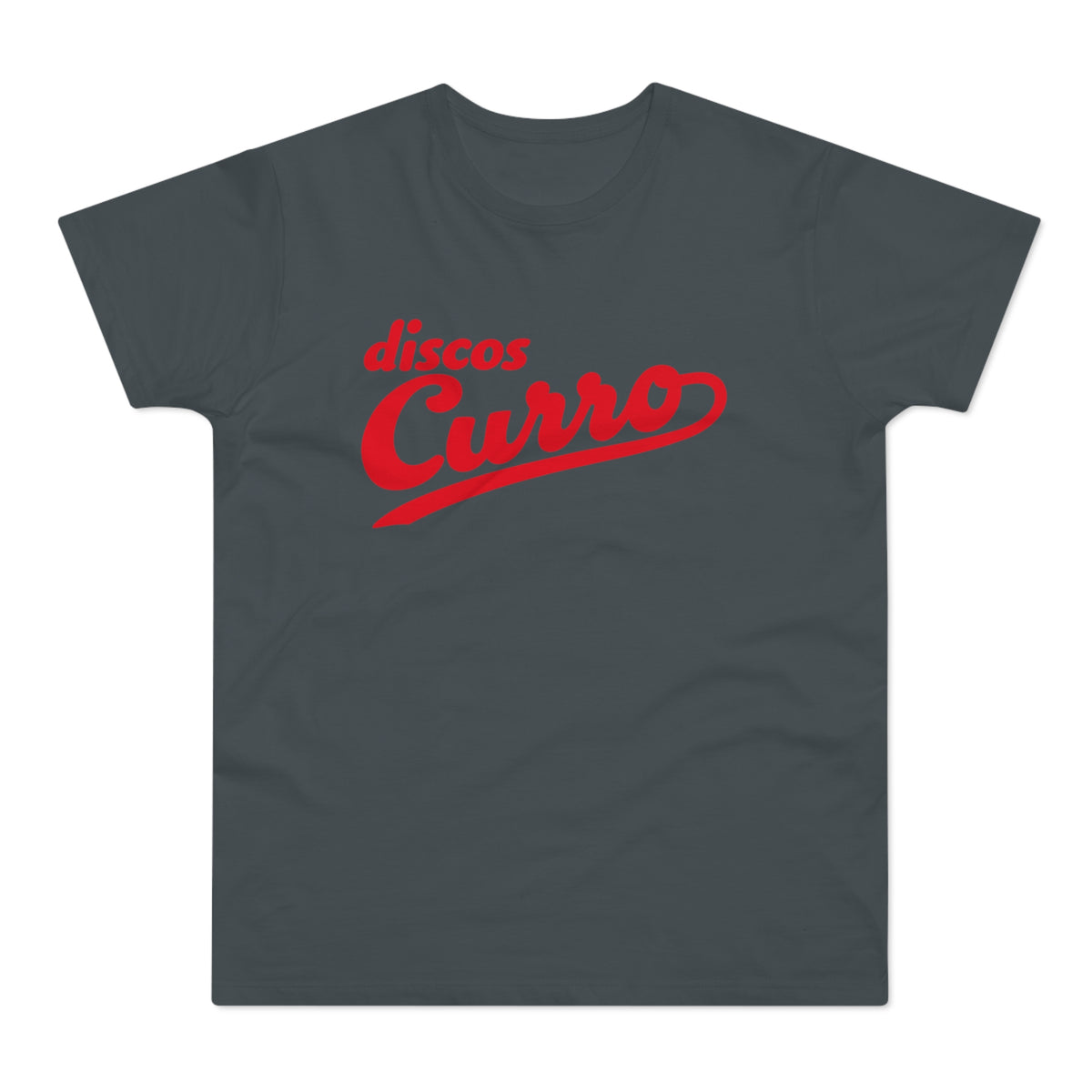 Charcoal t-shirt with red "Discos Curro" script logo.