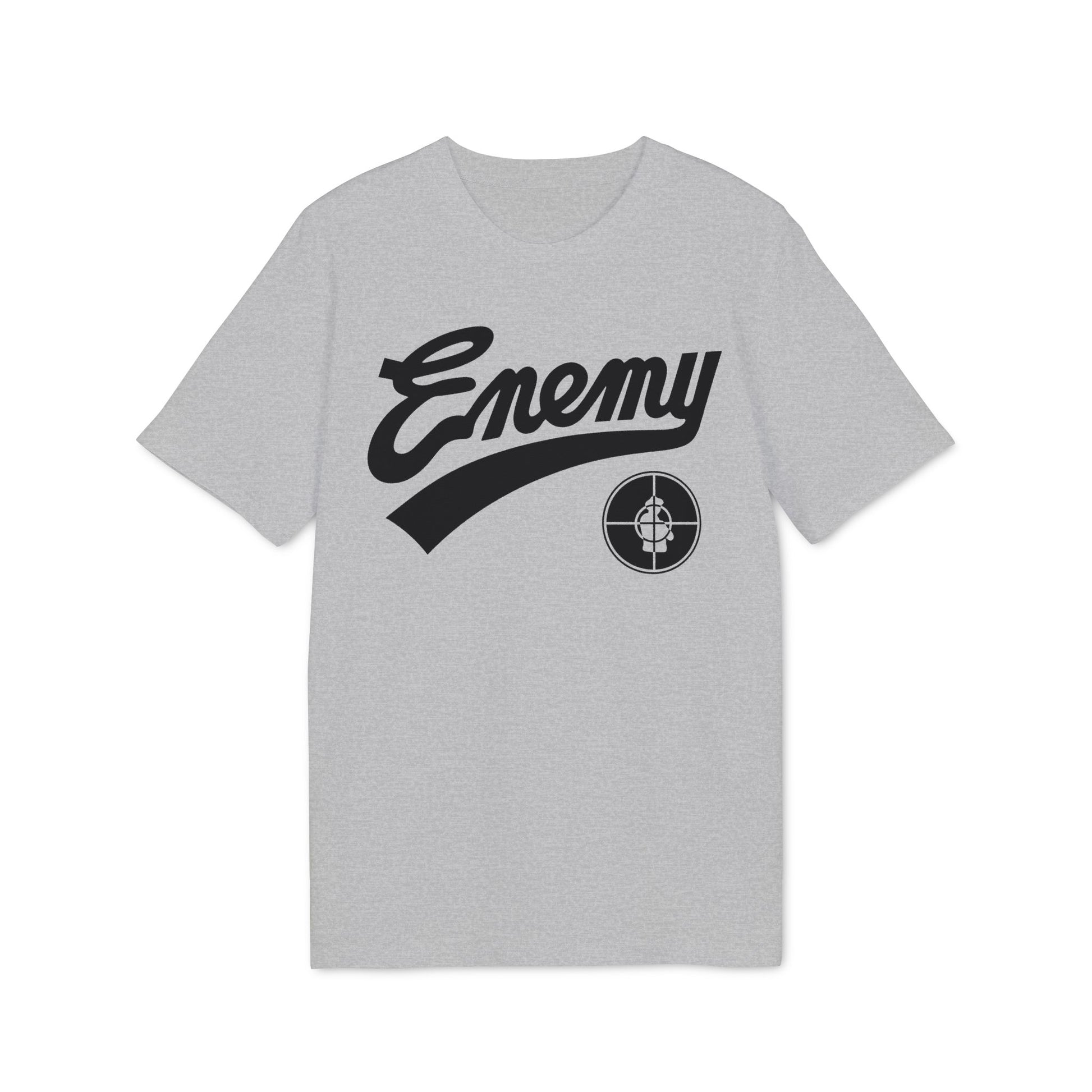 Grey t-shirt with black "Enemy" text and a target logo.