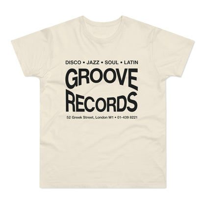 Cream t-shirt with black text: DISCO JAZZ SOUL LATIN GROOVE RECORDS 52 Greek Street London W1
