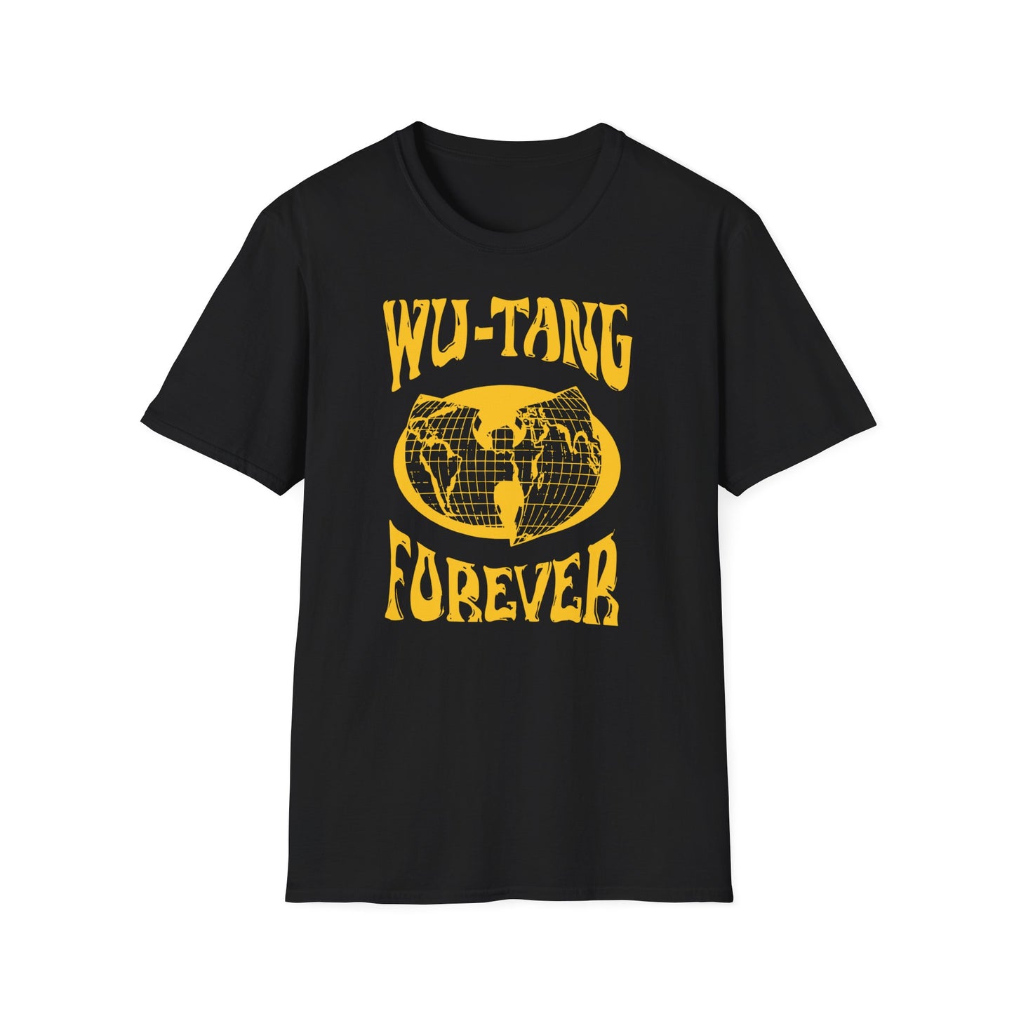 Black t-shirt with yellow Wu-Tang Forever graphic and world map emblem.